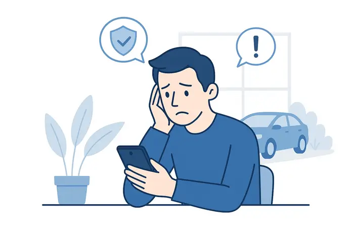 Illustration vectorielle UX montrant un conducteur malussé inquiet consultant un devis d’assurance sur son smartphone.