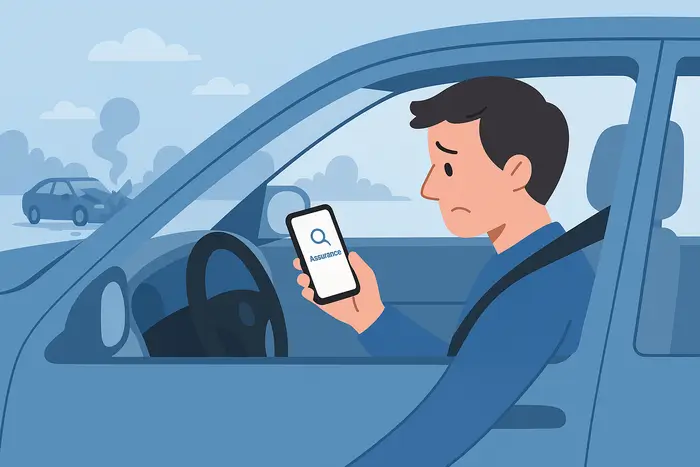 Illustration vectorielle UX montrant un conducteur seul consultant son téléphone après un sinistre